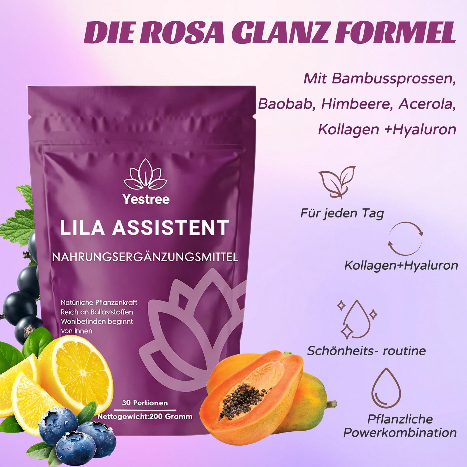 VITAFANT GREEN HELFERS 2 Pack Lila Superfood Pulver, Natürliche Pulverformel mit Aronia, Papaya, Heidelbeere, Inulin, Natürliches Ballaststoffreich Pflanzenpulver 200g