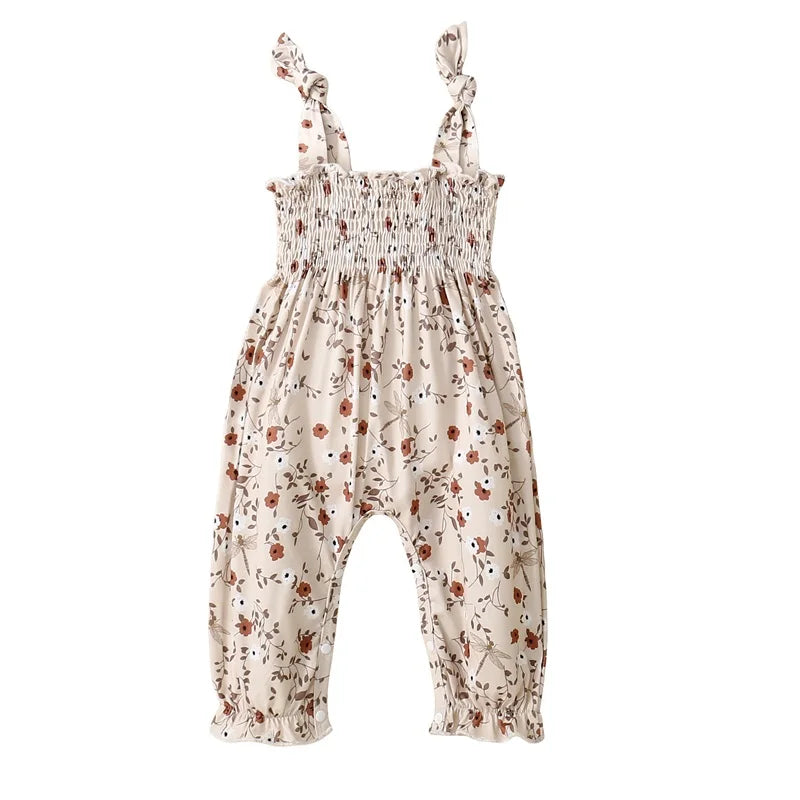 0-24M Baby Girls Floral Jumpsuits Tie-up Suspender Pants Overalls Infant Romper Toddler Summer Clothes 2024 New