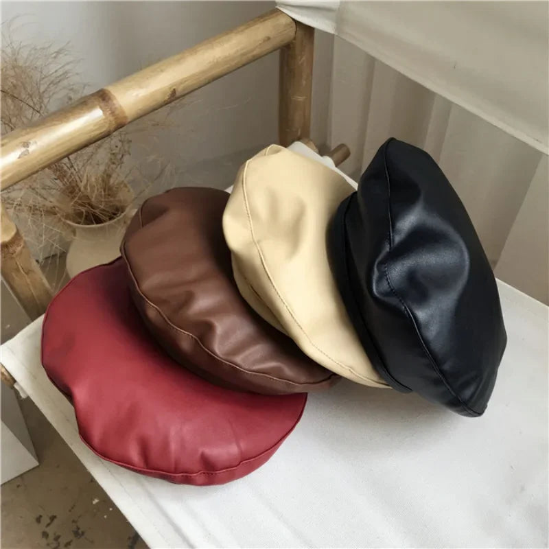 Women Girl Beret French Artist Warm Wool Winter Beanie Hat Cap Vintage Plain Beret Hats Solid Color Elegant Lady leather Caps