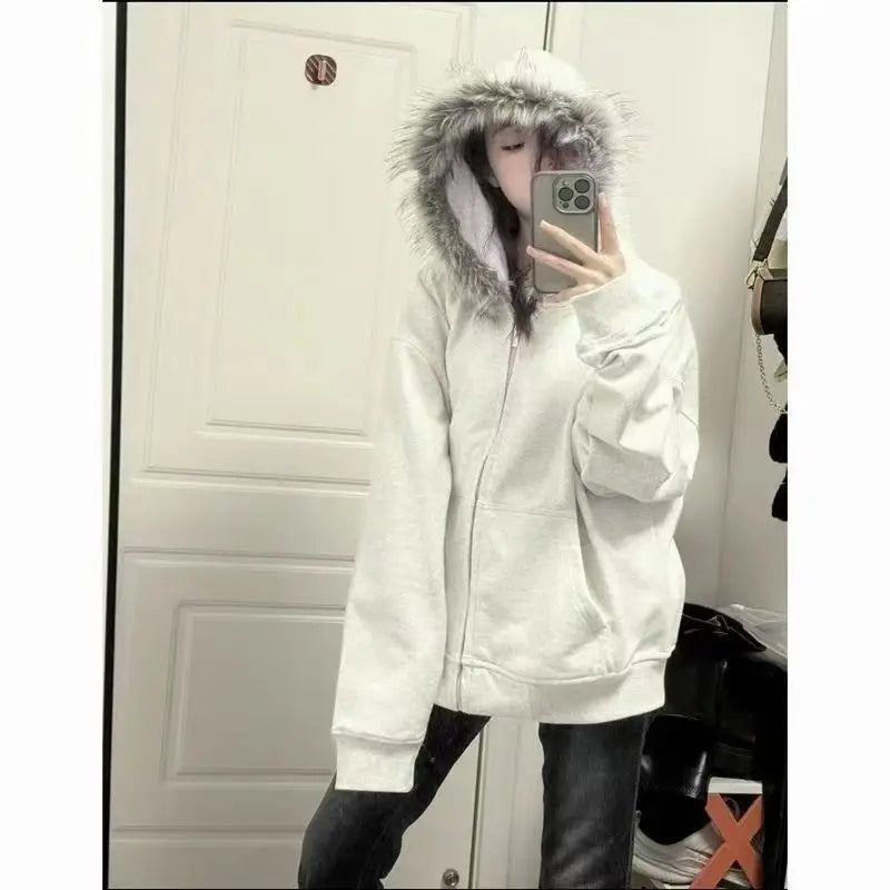 Retro American Classic Plaid Fur Collar Zip Up Hoodies Sweatshirt Women Winter New Lamb Wool Jacket Street GothTrend Y2K Coat