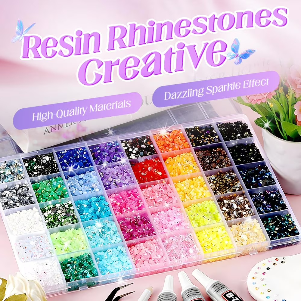 34000Pcs 24 Colors Jelly Rhinestones for Bedazzling, 3mm Multicolor Resin Flatback Gems, Bedazzler Kit with 3Pcs 10ml B7000 Jewelry Glue for Crafting Book Shoes Nail Art