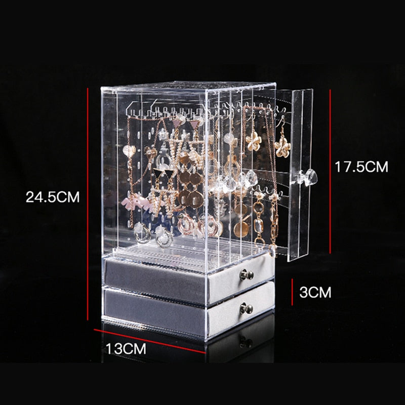 Portable Earrings Ring Display Stand Shelf Dustproof Acrylic Jewelry Storage Box Drawer Women Necklace Bracelet Organizer Case