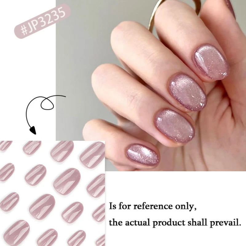 Nude Pink Glitter Cat Eye Nail Art Wearable Solid Color Fake Nails Detachable Finished False Nails Press on Nails with Glue