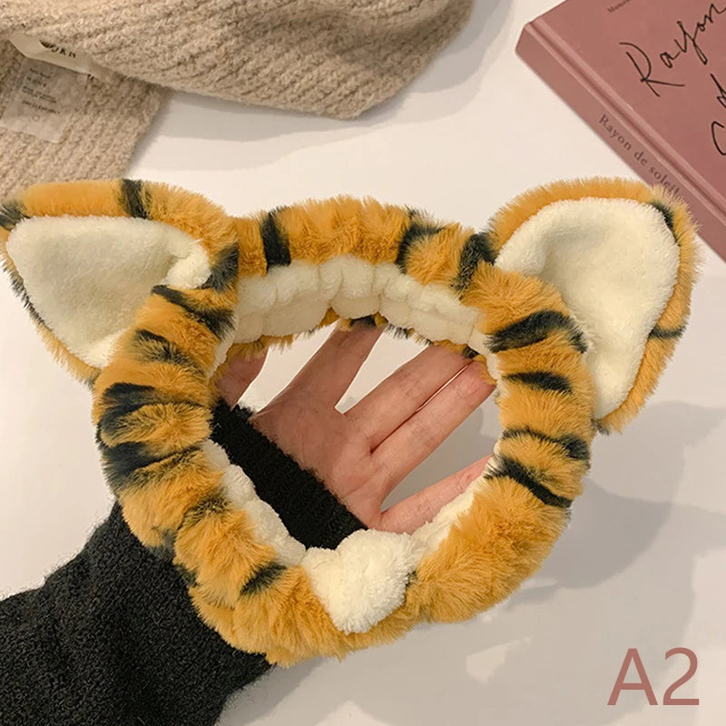 Cat Ears Headband For Women Cartoon Tiger Pattern Makeup Wash Hairband Girls Plush Pure Elastic Hair Turban Head Bands Handwear