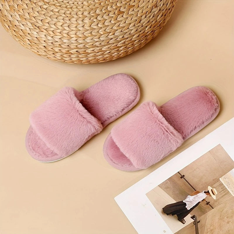 Winter Women Winter House Furry Slippers Non-Slip Casual Indoor Flats Floor Shoes Ladies Flip Flops Warm Shoes Solid Colors