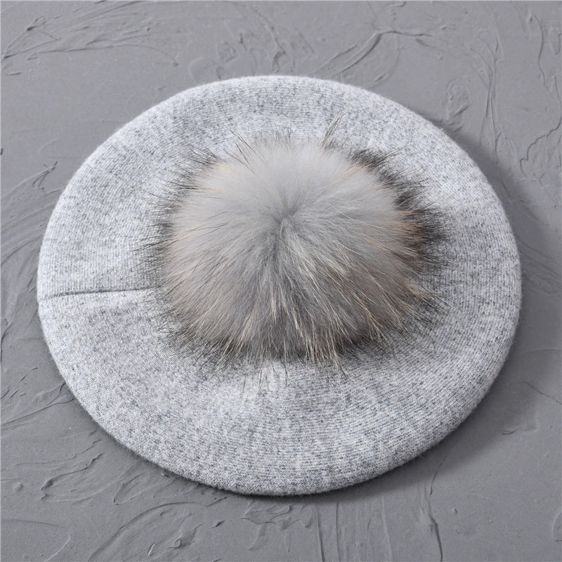 Jaxmonoy Winter Female Beret Women Hat Big Real Raccoon Fur Pompom Beret Wool Cashmere Natural Fur Ball Fashion Beret Cap Female