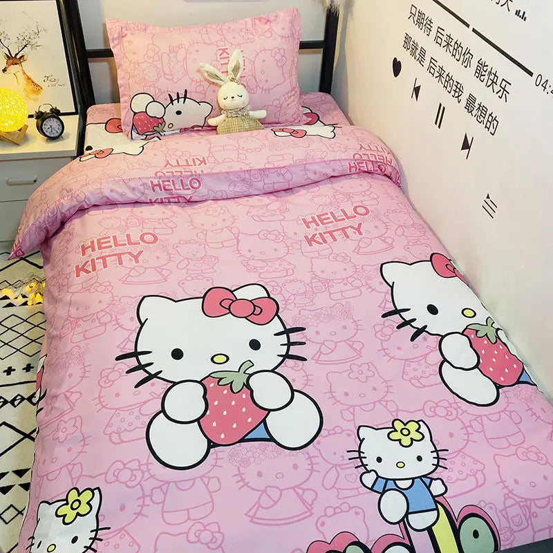 Sanrio Hello Kitty Cotton Bedding Set Cute Double Flat Sheet Duvet Cover Pillowcase Bed Linens Girl Dorm Bedclothes Home Textile