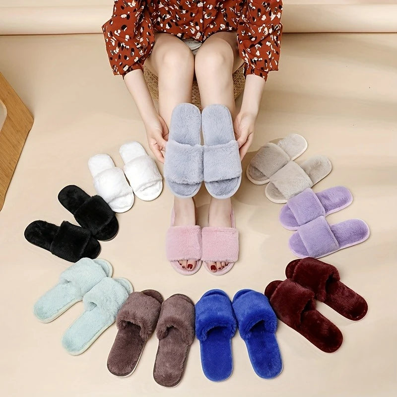 Winter Women Winter House Furry Slippers Non-Slip Casual Indoor Flats Floor Shoes Ladies Flip Flops Warm Shoes Solid Colors