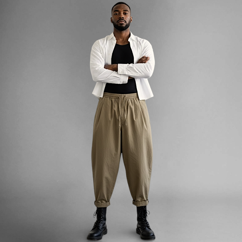 Barrel pleated pants with elastic waist