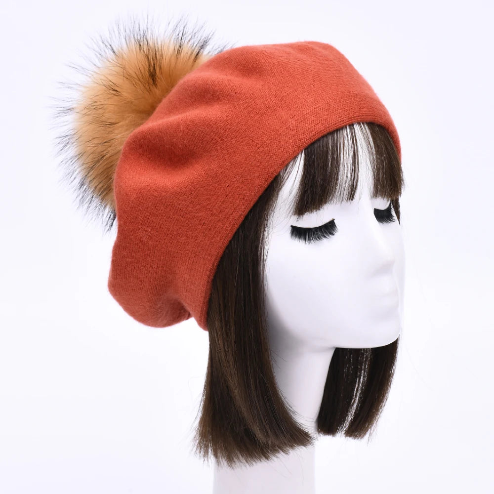 Jaxmonoy Winter Female Beret Women Hat Big Real Raccoon Fur Pompom Beret Wool Cashmere Natural Fur Ball Fashion Beret Cap Female