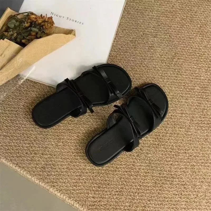 Double Bowtie Flat Slippers Shoes Woman summer Trend Flats Sandals Mules Women's tongs femme Footwear