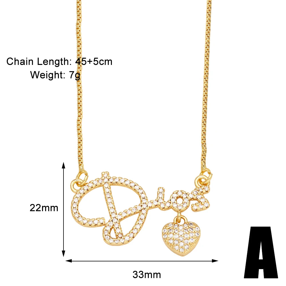 FLOLA Luxury Cz Crystal Heart Necklaces for Women Copper Gold Plated Letter Necklaces Dainty Jewelry Party Gifts nkeb857