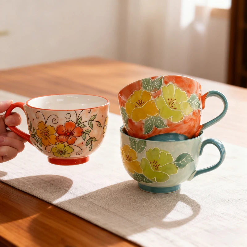 Embossed pure hand-painted ceramic cup beautiful large capacity breakfast cup high value flower tea cup milk oatmeal cup