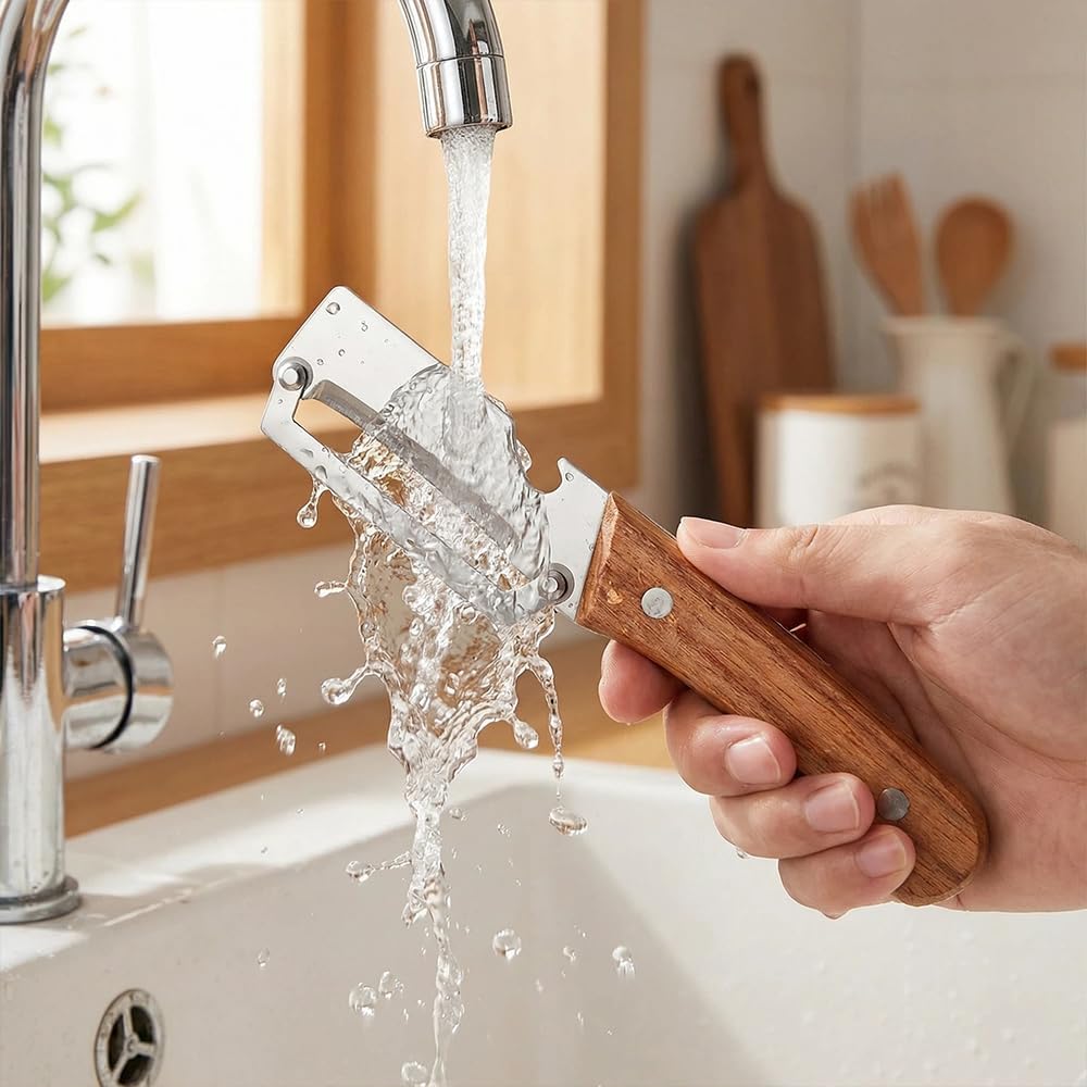 2026 Multifunktionaler Gemüseschäler, 2 in 1 Sparschäler mit Holzgriff und Ergonomischem Holzgriff – Müheloses Schälen von Kartoffeln, Äpfeln, Karotten
