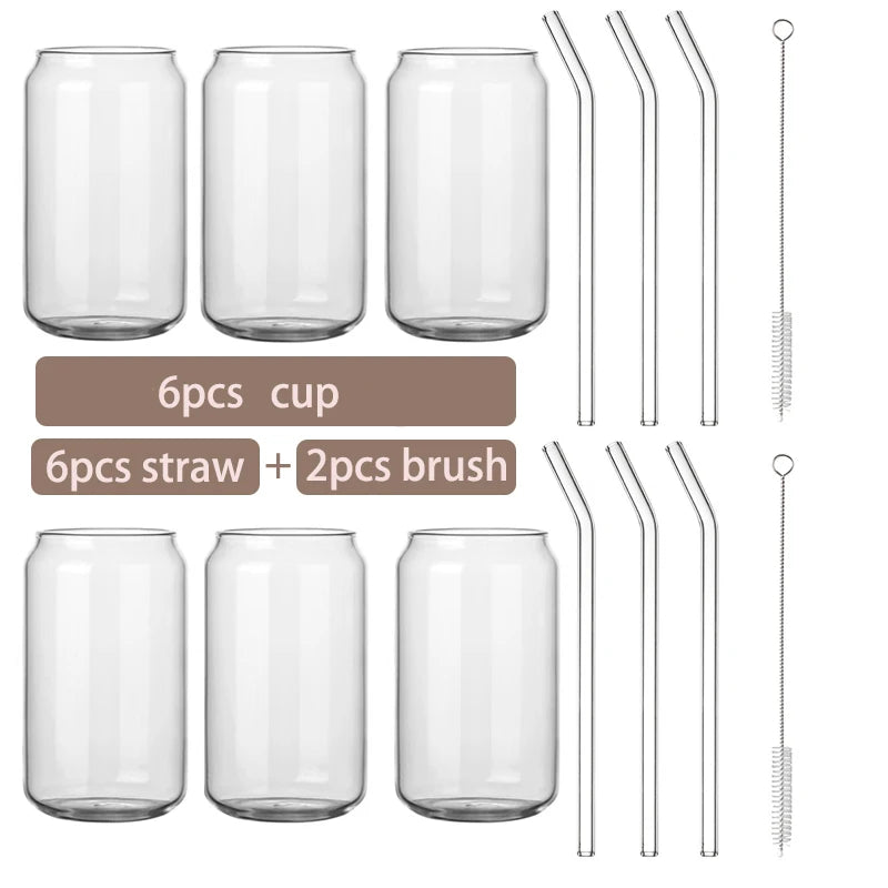 Glass Cup Bamboo Lid Bubble Tea Transparent Cold Drinking Coffee Mug Wine Milk Tea Cup Glass Straw Drinkware Durable 4/6pcs