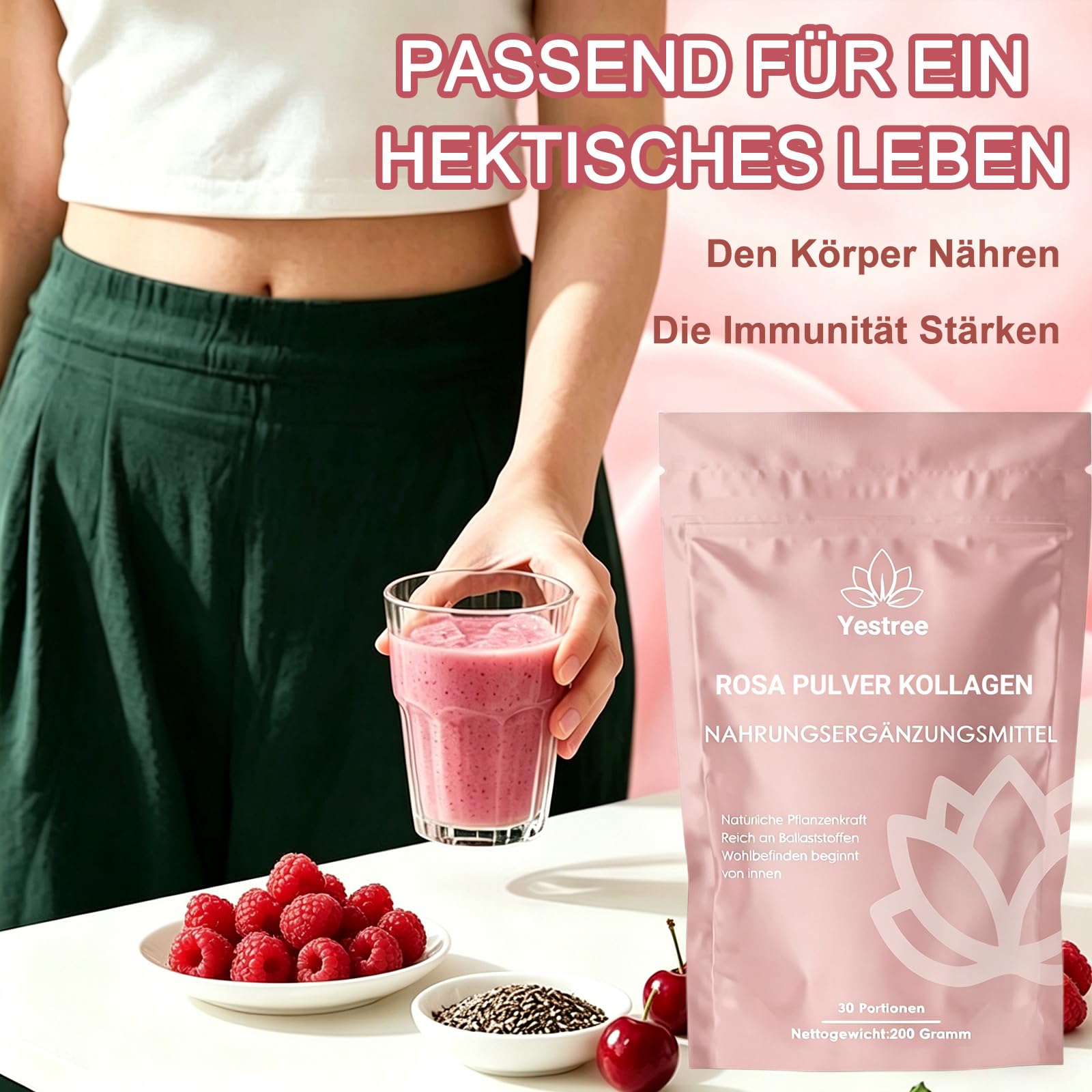 VITAFANT GREEN HELFERS 2Pack Rosa Pulver Kollagen, Natürliche Pulverformel, veganes Pflanzenpulver Mit Bambussprossen, Baobab, Himbeere, Acerola, Kollagen+Hyaluron 200g