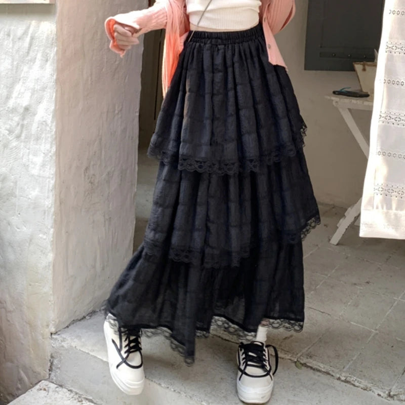 White Black Long Skirt Women Crochet Lace Skirt 2023 Goth Lolita Summer High Waisted High Low Ruched Ruffle Pleated Skirts rok