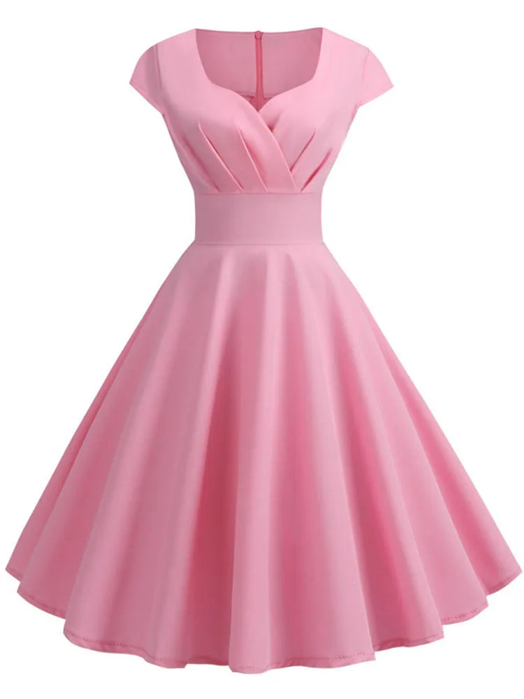 Pink Summer Dress Women V Neck Big Swing Vintage Dress Robe Femme Elegant Retro pin up Party Office Midi Dresses