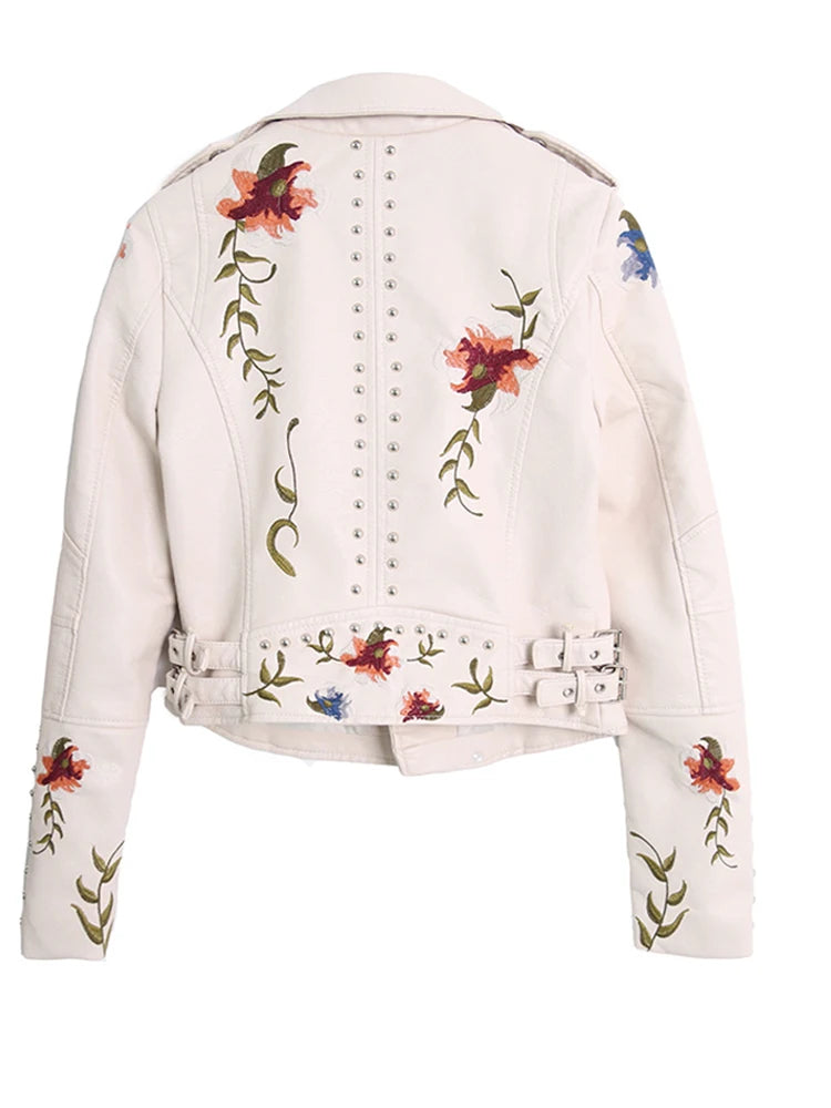 Women Floral Print Embroidery Faux Soft Leather Jacket Coat  Turn-down Collar Casual Pu Motorcycle Black Punk Outerwear