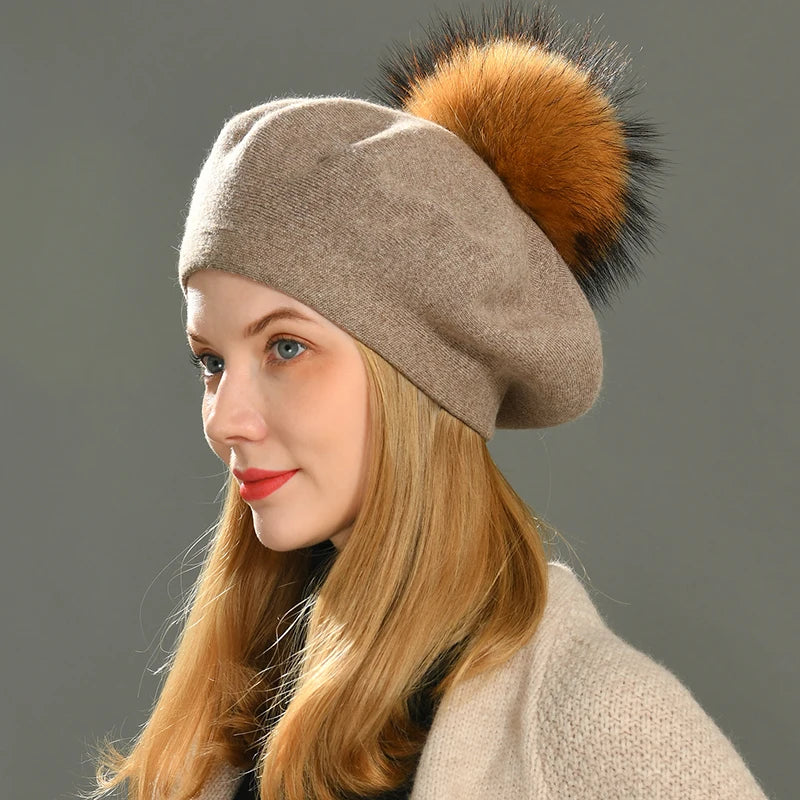 Jaxmonoy Winter Female Beret Women Hat Big Real Raccoon Fur Pompom Beret Wool Cashmere Natural Fur Ball Fashion Beret Cap Female