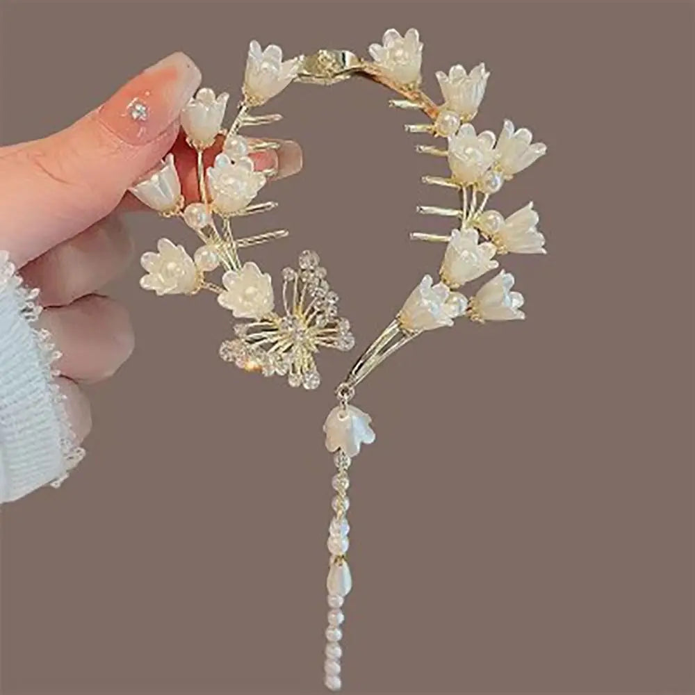 Elegant Retro Meatball Hair Clasp Clip Floristic Pearl Chain Tassels Hair Claw Ponytail Hairpins Women