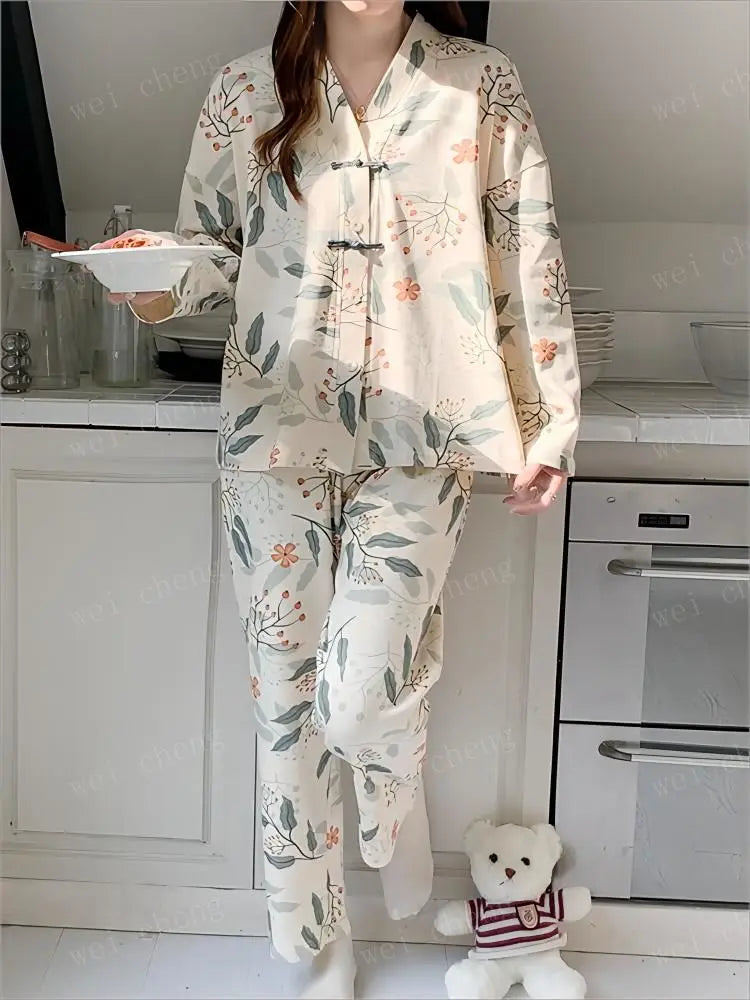 Women Pajamas Set Cotton Home Clothes Women Set Korean Style Ladys Women\'s Pajamas Robes Sleepwear Two Piece Pyjama Pour Femme