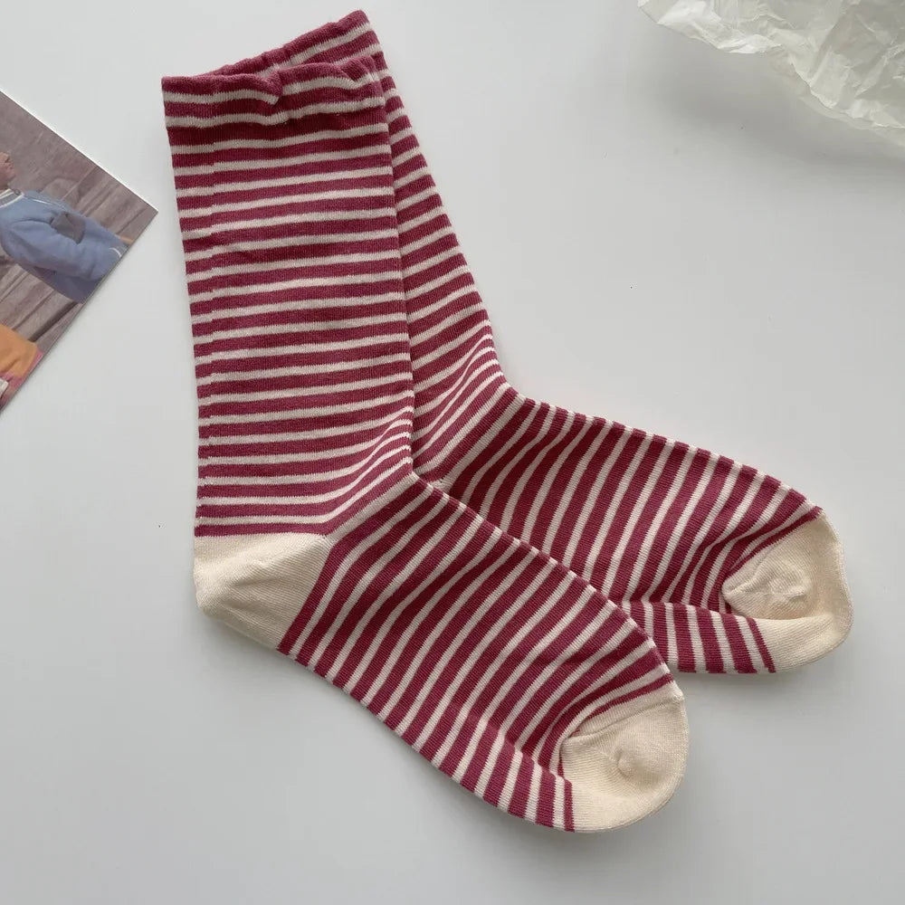 Retro Striped Socks Children's Women Medium Tube Socks Spring and Autumn Cotton Stockings Korean Stockings Japanese Socken