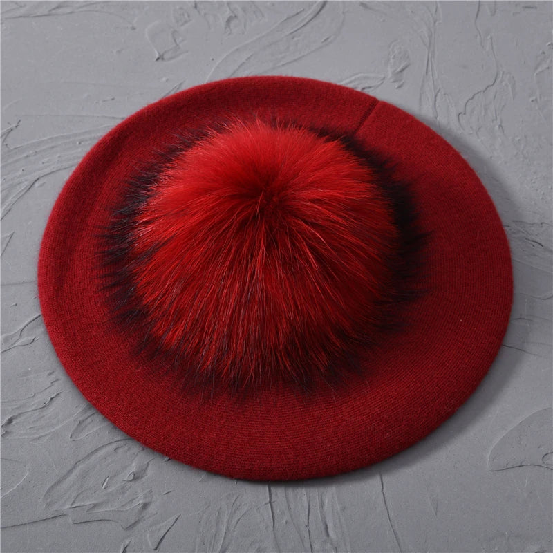 Jaxmonoy Winter Female Beret Women Hat Big Real Raccoon Fur Pompom Beret Wool Cashmere Natural Fur Ball Fashion Beret Cap Female