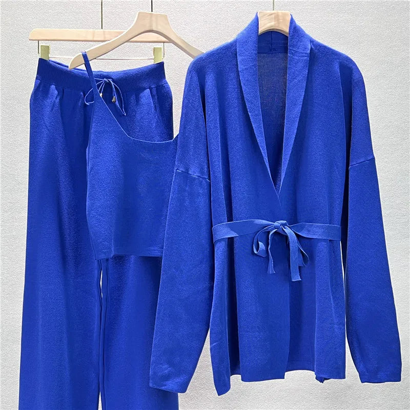 Spring Autumn Casual Knit Three Pieces Suits Women Long Sleeve Shawl Cardigan coat+Sweet Temperament Vest+Wide Leg Pant Sets