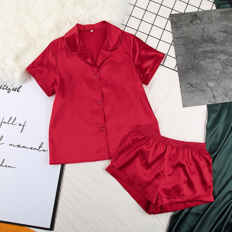 Solid Satin Sleepwear Silk Pajamas Set Top And Shorts Two Piece Set Pyjamas Women Pajama Short Sleeve Home Suit Casual