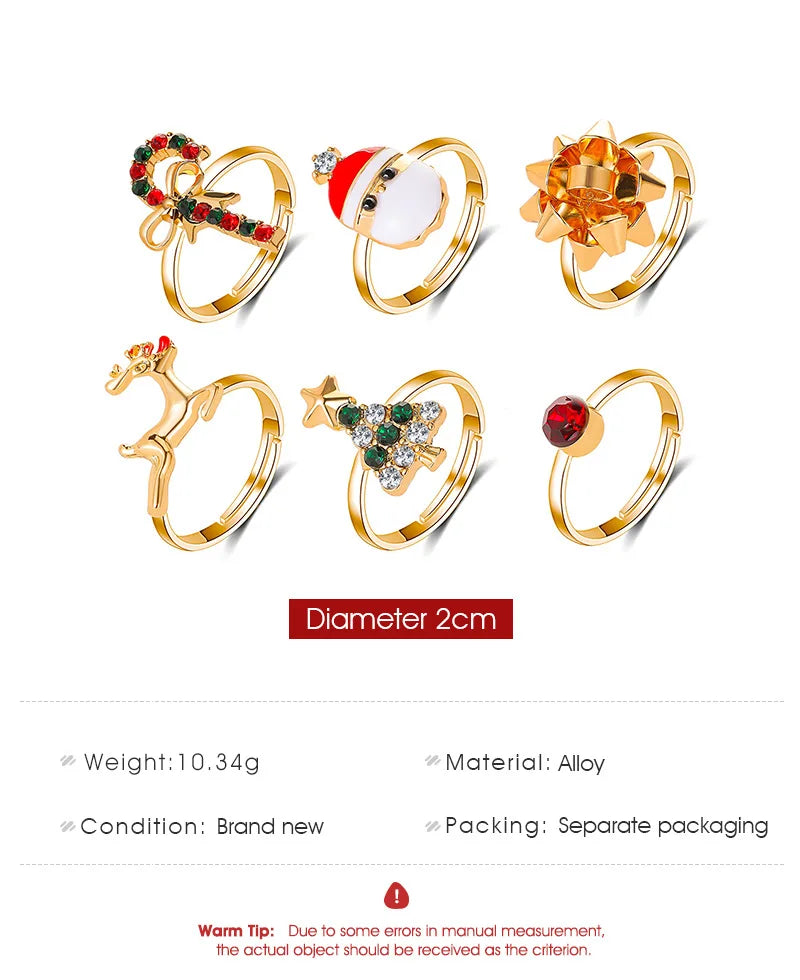 6Pcs/Set New Christmas Elk Santa Ring For Women Fashion Cute Gold Color Drip Glaze Adjustable Finger  Holiday Party Jewelry