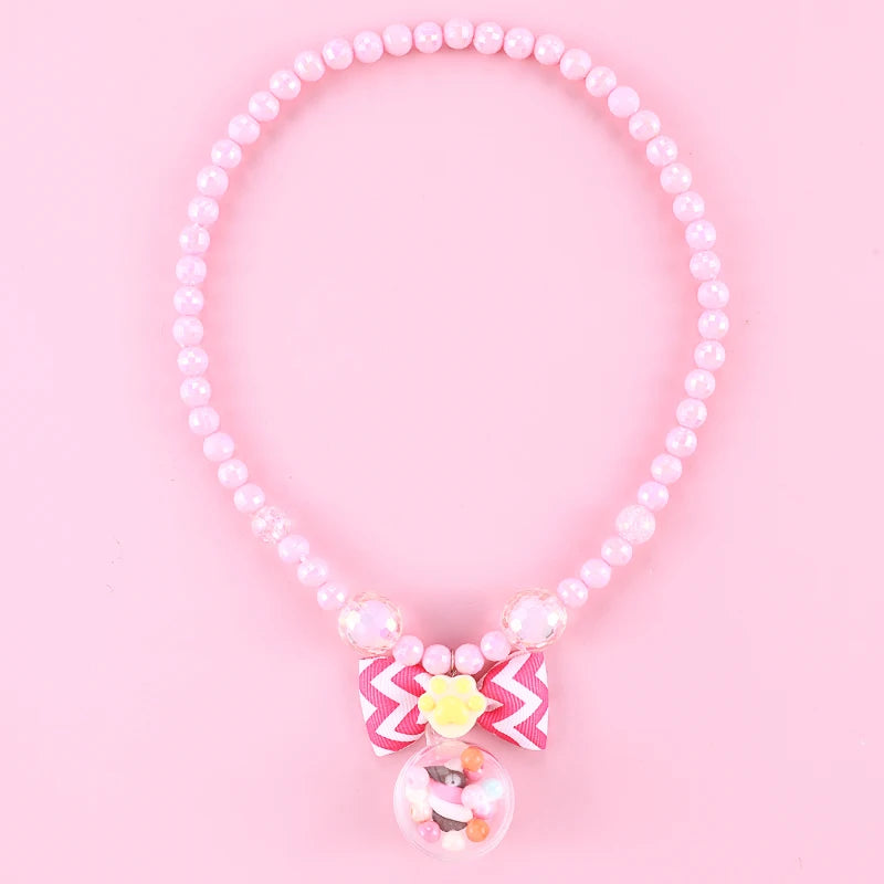 Makersland Pink Cherry Blossom Pendant Beaded Necklace For Children Sweet Princess Necklace Jewelry Kids Charming Gift Wholesale