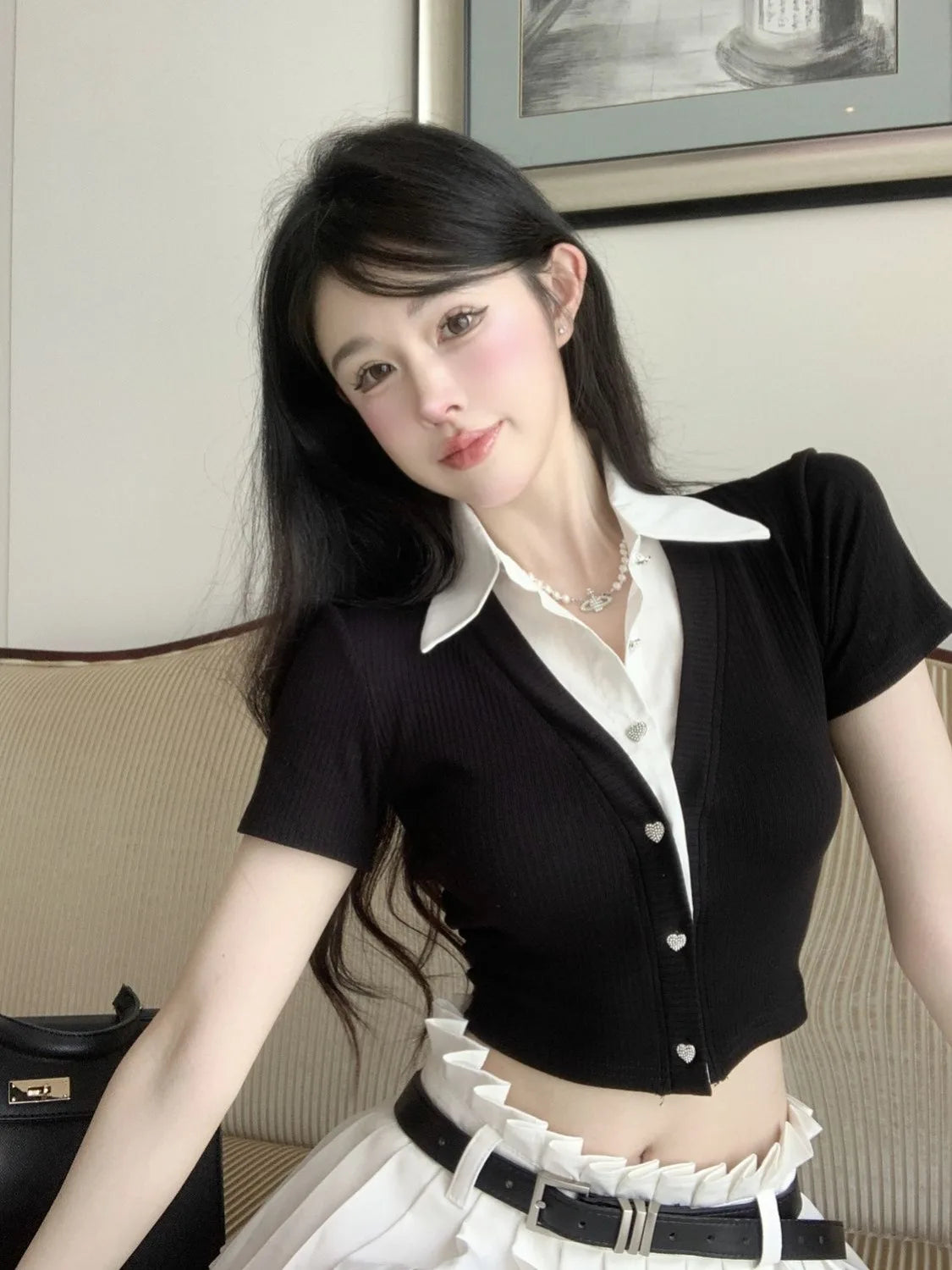 Polo Neck Shirt for Women Coquette Clothes Sexy Plain Crop Woman T Top Black Button Y2k Fashion Youth Cheap Tops on Offer Luxury