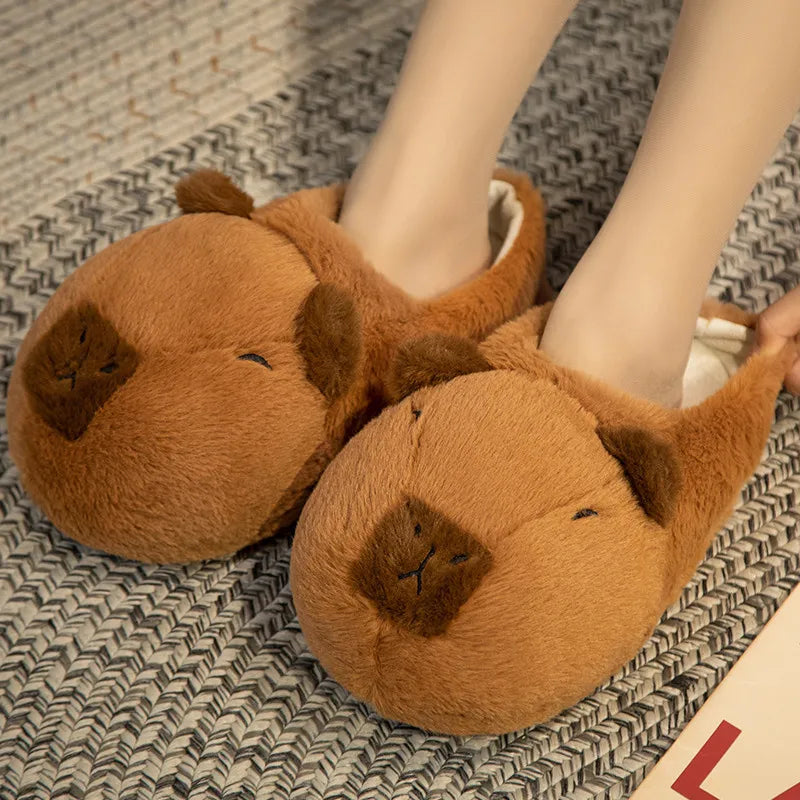 Cute Capybara Plush Slippers Cartoon Lovely Capibara Popping Circle Soft Stuffed Animals Plushy Shoes Winter Indoor Warm Slipper