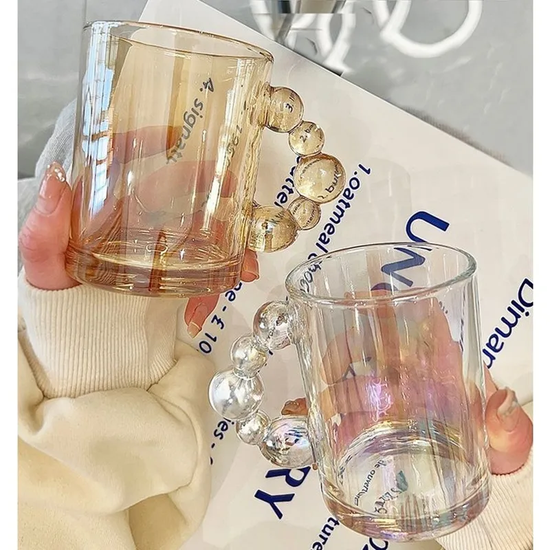 Heat-resistant Coffee Milk Tea Water Glasses Clear Juice Cocktail Cup with Gourd Bead Handle Creative Portable Beer Drinking Mug