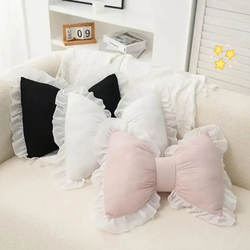 Sofa Pillow Pink Bow Lace Decorative Plush PP Cotton Filled Pillow Bed Sofa Support Pillow Car Seat Matching Pillow