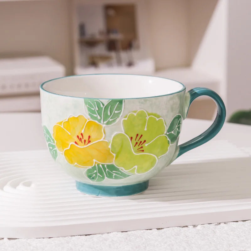 Embossed pure hand-painted ceramic cup beautiful large capacity breakfast cup high value flower tea cup milk oatmeal cup
