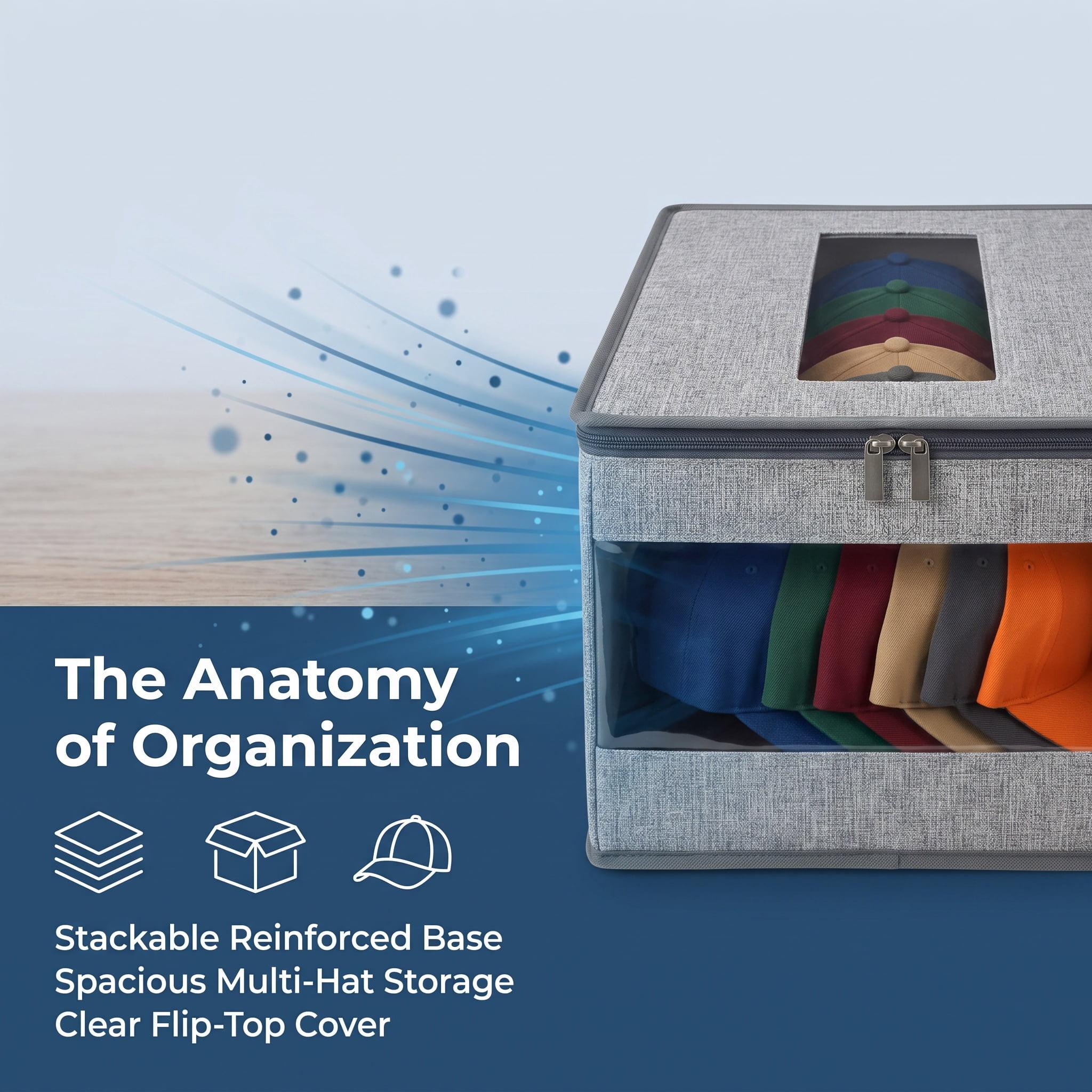 Hat Storage for Baseball Caps, Clear Window Hat Organizer, Stackable Storage Box with Flip-Top Access, Space-Saving Breathable Fabric Closet Organizer