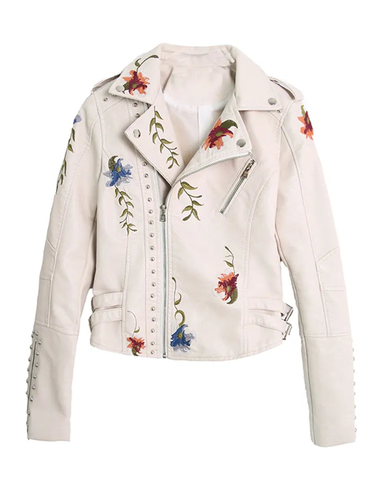 Women Floral Print Embroidery Faux Soft Leather Jacket Coat  Turn-down Collar Casual Pu Motorcycle Black Punk Outerwear