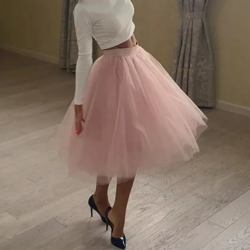 Quality 5 Layers Fashion Tulle Skirt Pleated Skirts Womens Lolita Petticoat Bridesmaids Midi Skirt