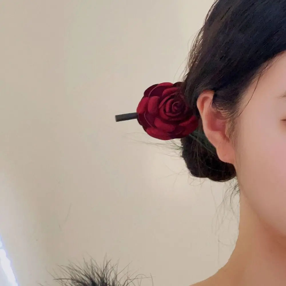 Simulated Flowers Wooden Hair Stick Wine Red Hair Sticks for Buns Hanfu Hairpin Headwear Hair Chopstick Rose Flower Hair Clip