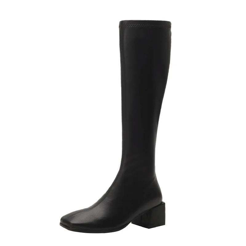 genuine leather long boots for women black/white leather winter plush knee high bottine femme square toe cowhide slim booties