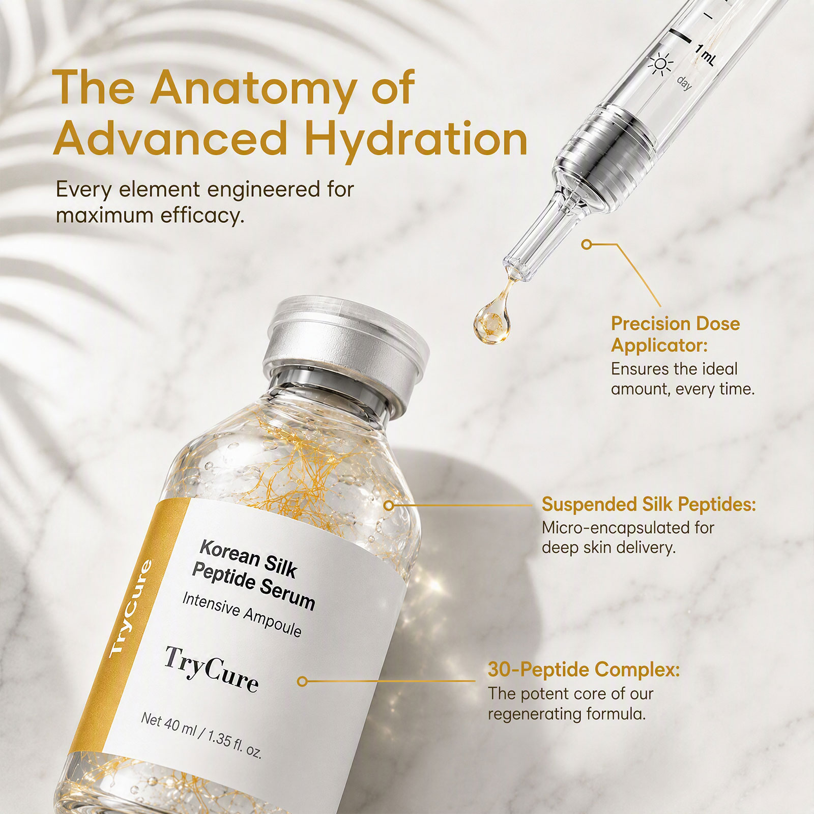 Trycure Korean Silk Peptide Ampoule, Korean Skincare Ampoule with Silk Peptide, EGF, 24K Gold & GHK-Cu, Improves Look of Elasticity & Radiance, Fast-Absorbing