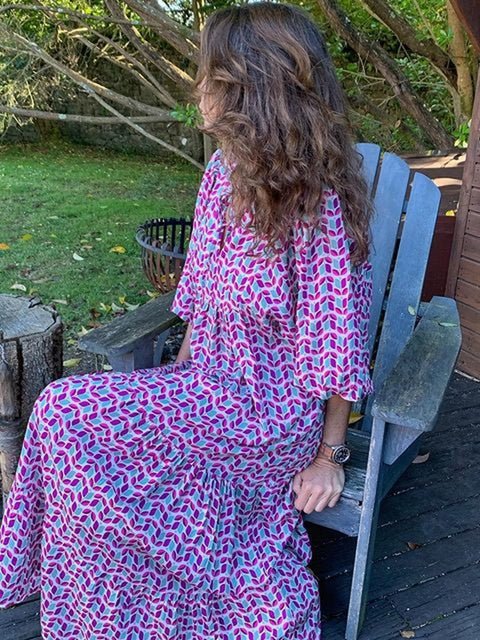 Half Sleeve Women Loose Dress Casual  Floral Printed Vintage Long Dresses Elegant V Neck Drawstring Party Dress Vestidos Mujer