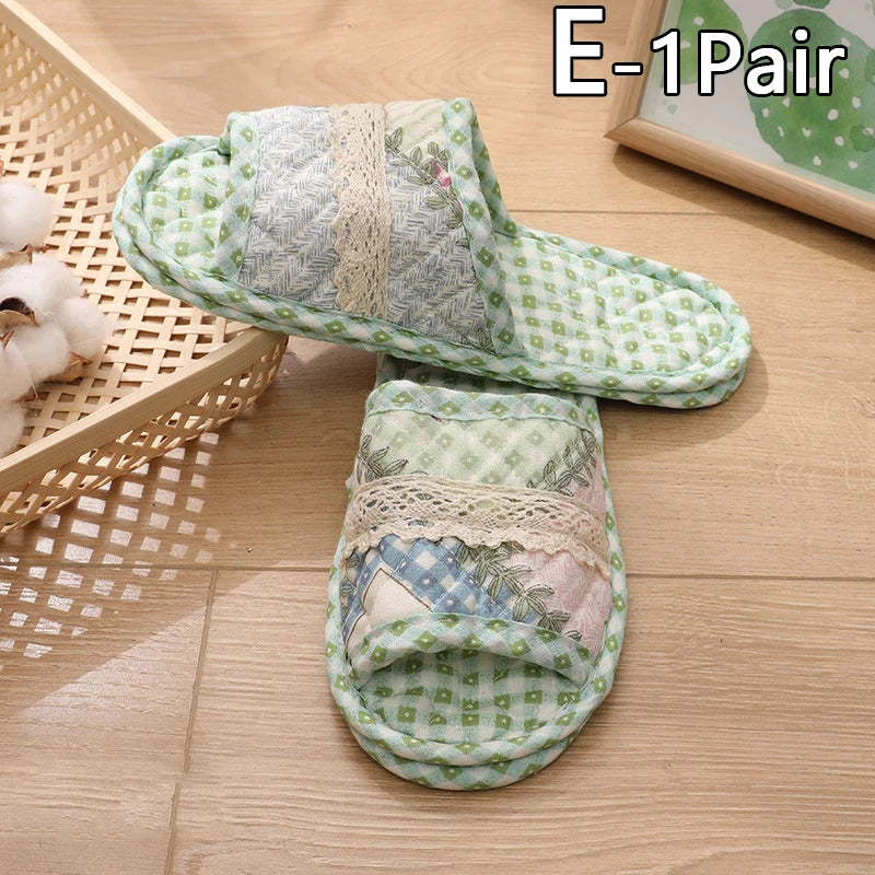 Women Indoor Cotton Slippers Japanese Floral Bedroom Carpet Slippers Soft Toe Sole Slippers Non-Slip Home Bedroom Slippers