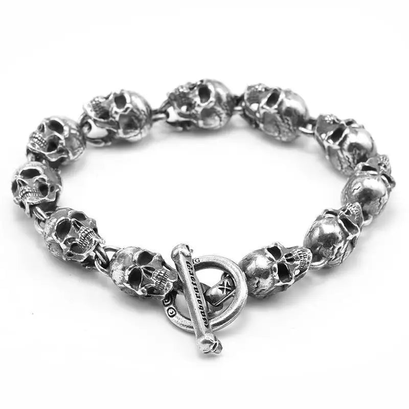 S925 Silver  Handmade Skull Motorcycle Hand String Trend Men's and Women's Skeleton Vintage Punk Bracelet