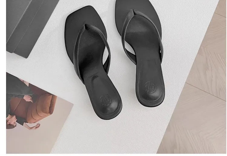 2024 Spring Summer Fashion New Women Genuine Leather Mid Heel Flip-flops Slippers Versatile Simple Shoes Female Chic