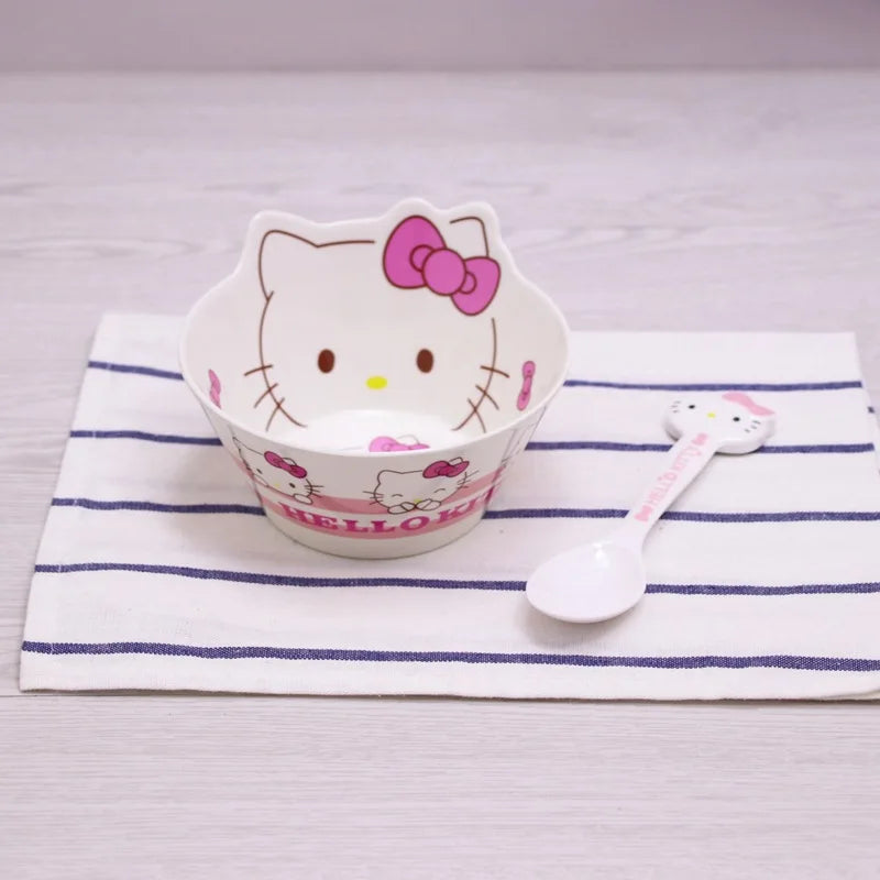 Sanrio Kawaii Hello Kitty Cat Face Plate Child Cutlery Set Bowl Chopsticks Spoon Fall Resistance Have A Meal 2-14 Years Old Cute