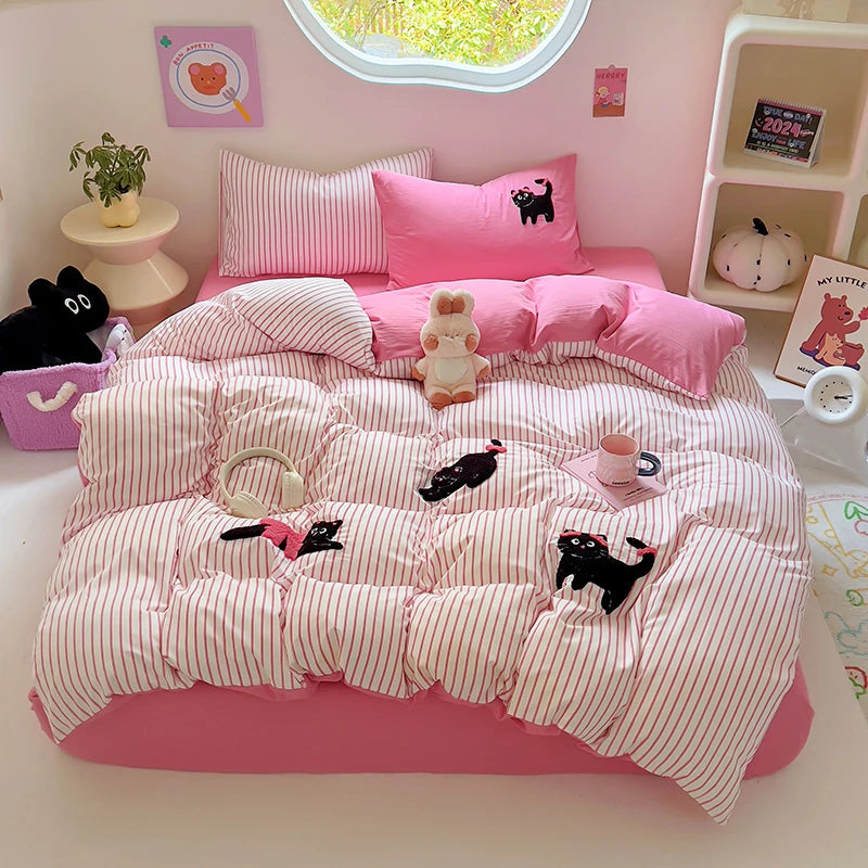 Cartoon Kawaii Cat Bedding Set Purple Duvet Cover Flat Sheet Pillowcase Kids Girls Bed Linen Bedspread Full Twin Size NO Filling