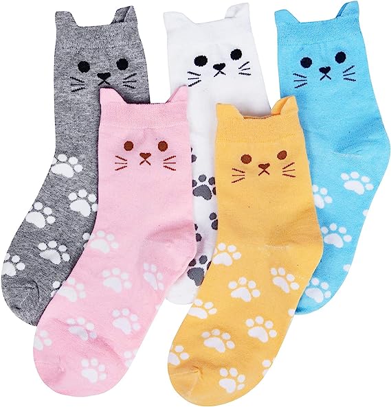 Cute Socks Womens Dog Cat Novelty Animal Socks for Girl Cartoon Cotton Casual Crew Funny Socks 5 Pairs